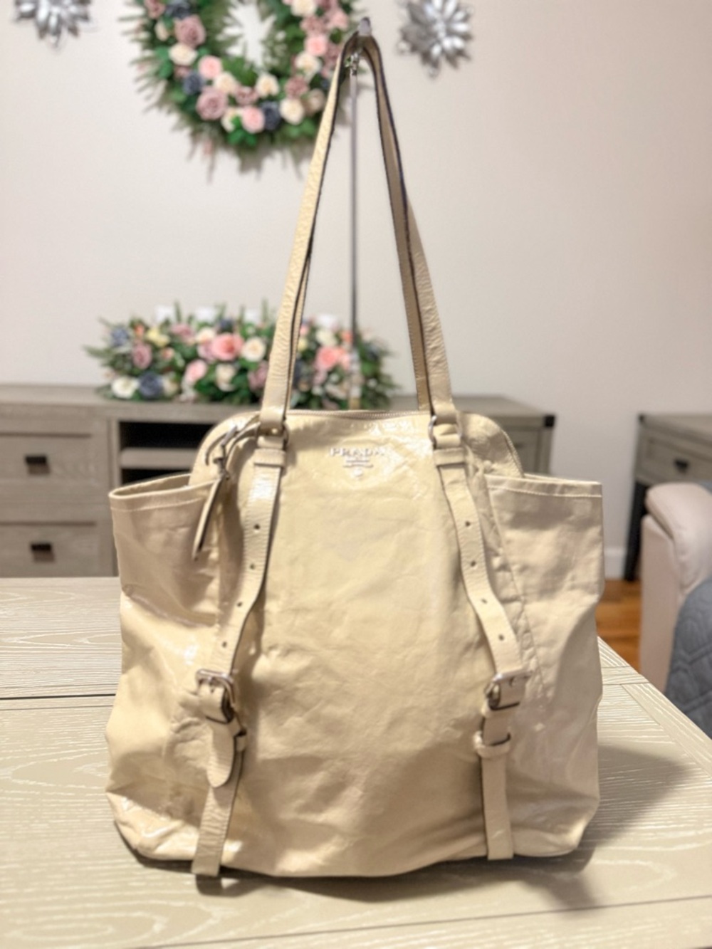 Prada Cream Leather Tote with Buckle Strap Details